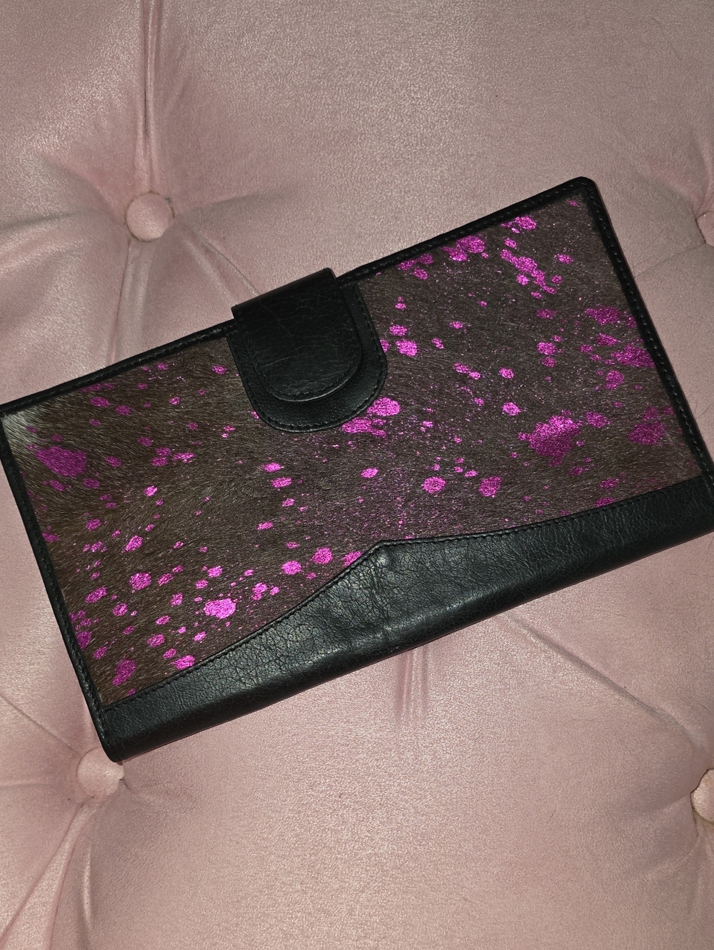 Cowhide Black & Pink Fuschia Speckled Wallet Clutch Or Add Chain Make Purse